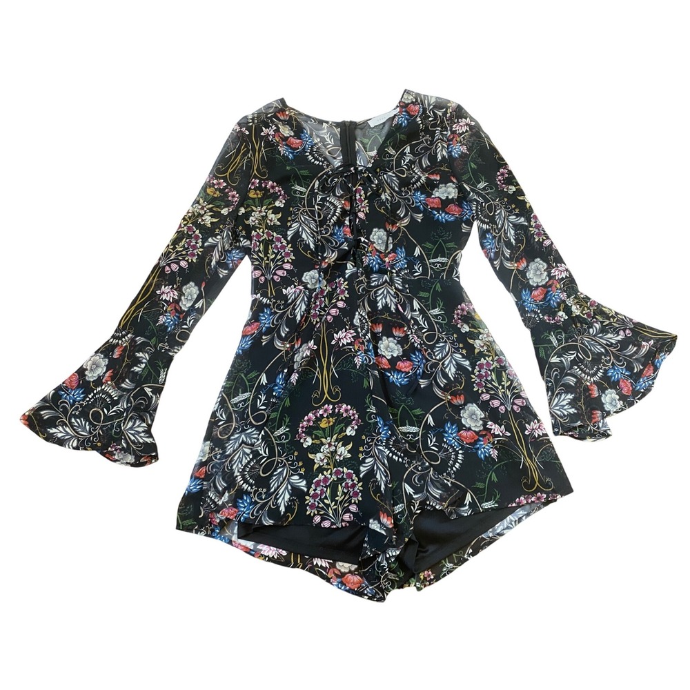 Lush Black Floral Print Long Sleeve Romper V-Neck Tie front Women's‎ S EUC